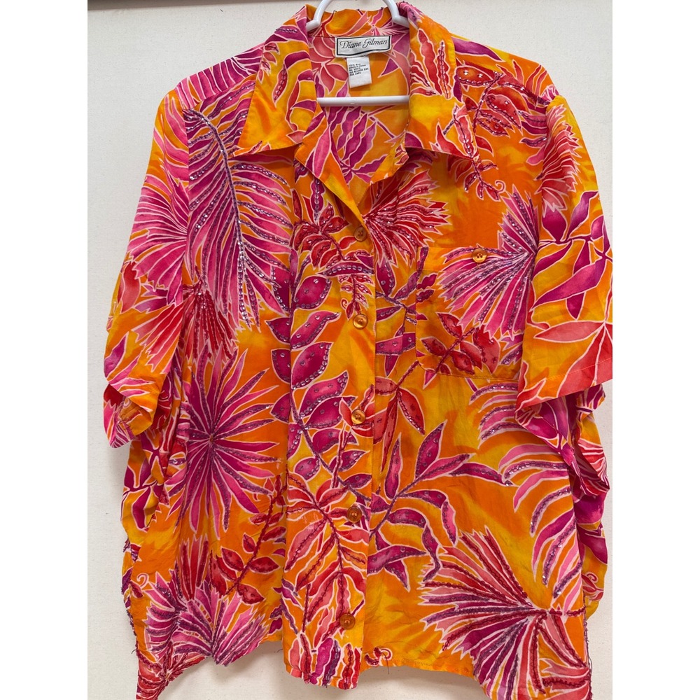 Diane Gilman Silk Tropical Floral Sequin Button Down Shirt Orange Pink Large